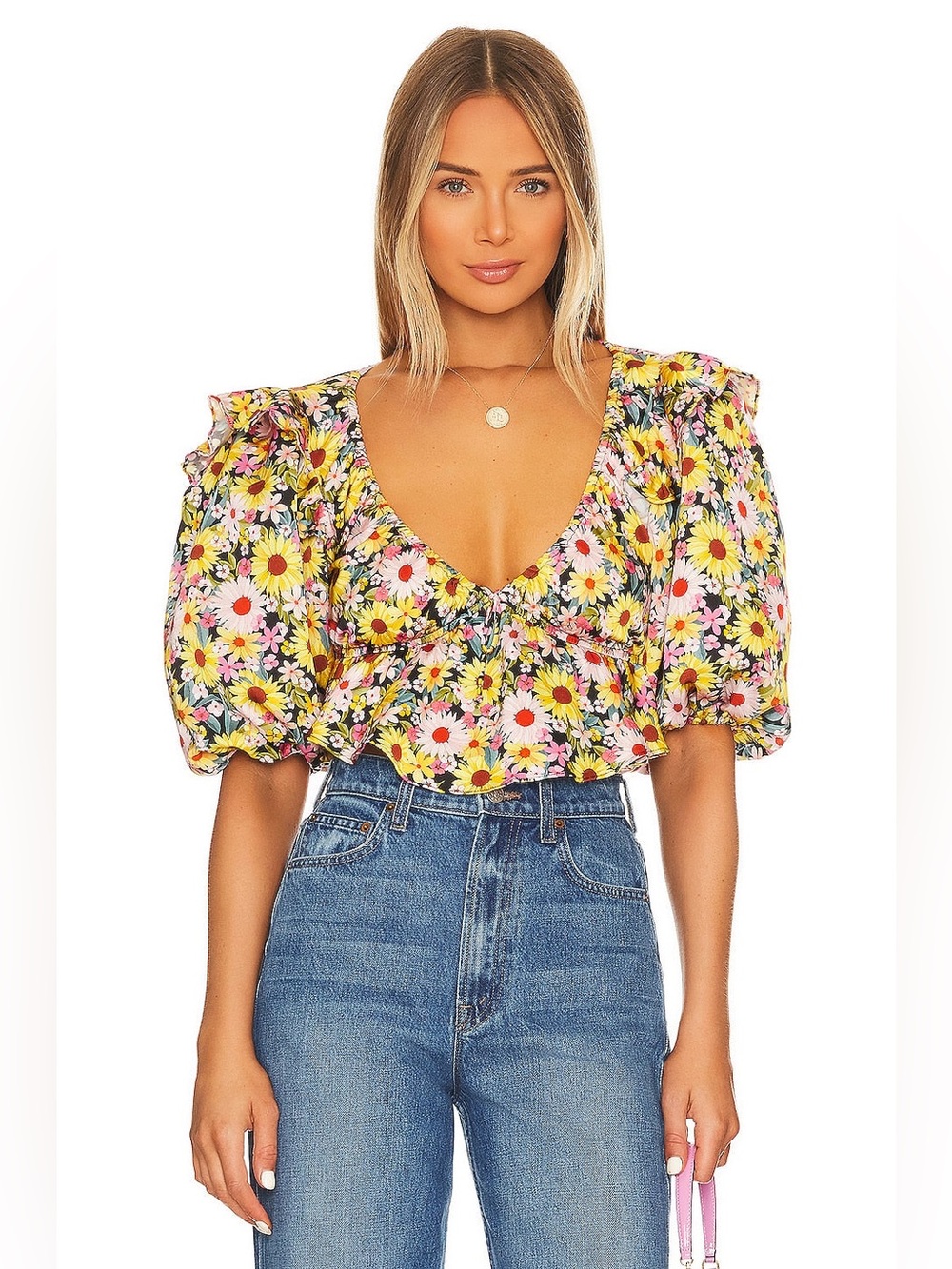 For Love And Lemons Glenn Yellow Multi Floral Puff-Sleeve V-Neck Crop Top